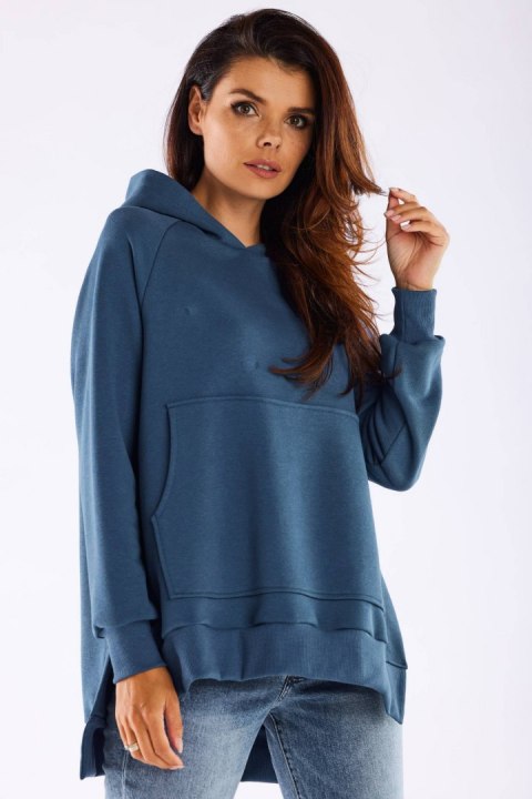 Bluza damska asymetryczna z kapturem bawełniana niebieska M280 Bluza damska asymetryczna z kapturem bawełniana niebieska M280