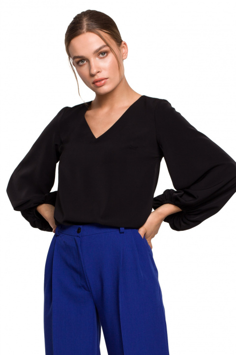 Elegancka bluzka damska gładka dekolt V szerokie rękawy czarna S272 Elegancka bluzka damska gładka dekolt V szerokie rękawy czarna S272