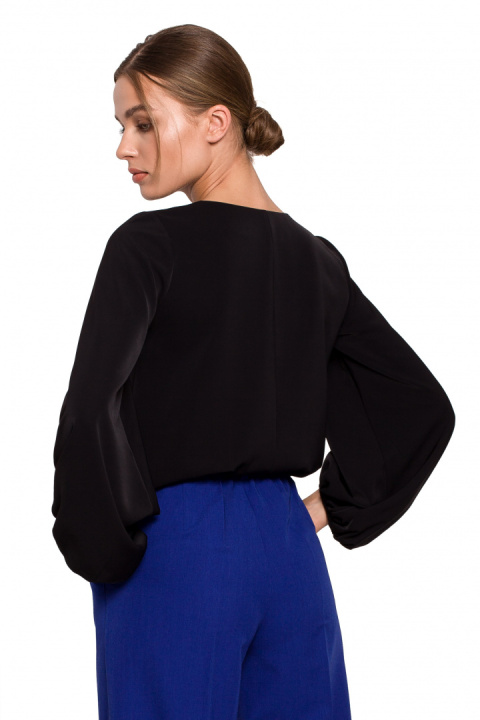 Elegancka bluzka damska gładka dekolt V szerokie rękawy czarna S272 Elegancka bluzka damska gładka dekolt V szerokie rękawy czarna S272