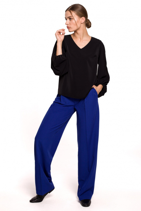 Elegancka bluzka damska gładka dekolt V szerokie rękawy czarna S272 Elegancka bluzka damska gładka dekolt V szerokie rękawy czarna S272