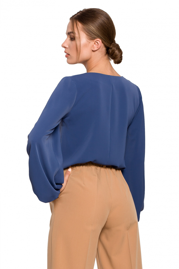 Elegancka bluzka damska gładka dekolt V szerokie rękawy niebieska S272 Elegancka bluzka damska gładka dekolt V szerokie rękawy niebieska S272