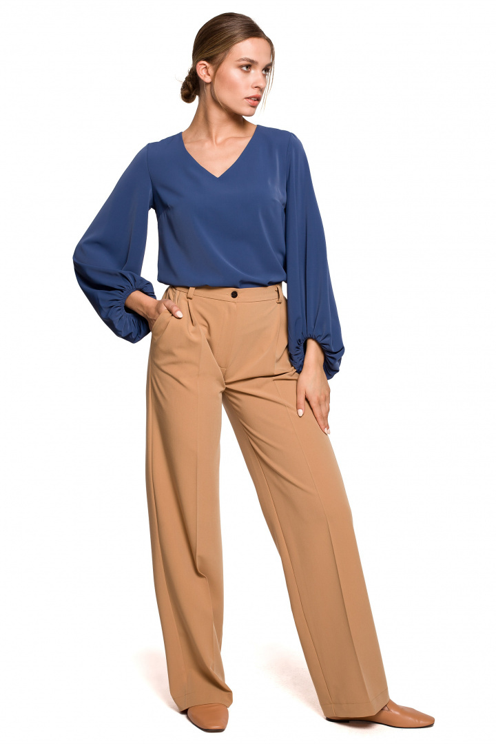 Elegancka bluzka damska gładka dekolt V szerokie rękawy niebieska S272 Elegancka bluzka damska gładka dekolt V szerokie rękawy niebieska S272