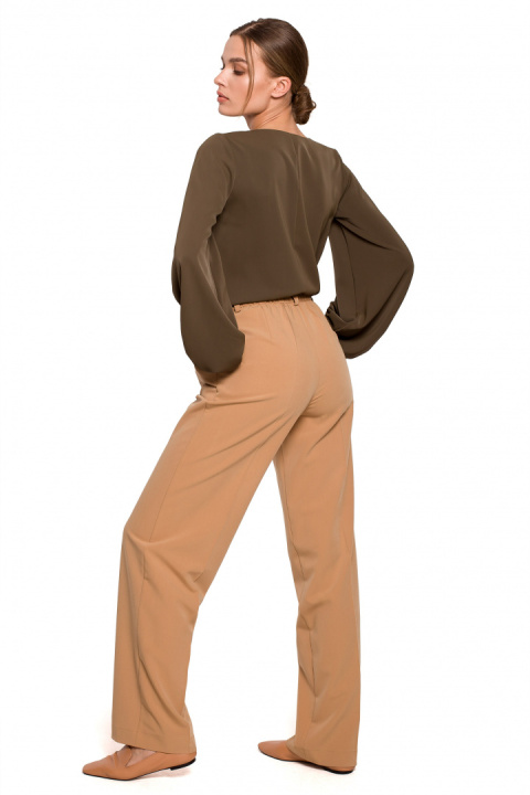 Elegancka bluzka damska gładka dekolt V szerokie rękawy khaki S272 Elegancka bluzka damska gładka dekolt V szerokie rękawy khaki S272