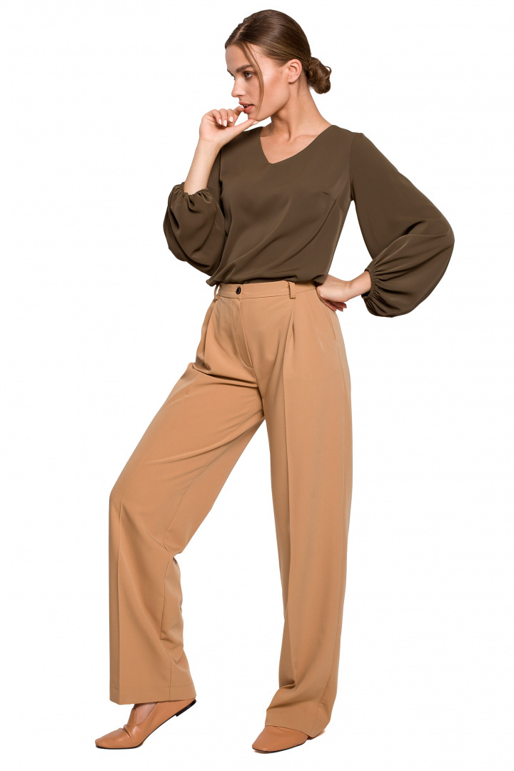 Elegancka bluzka damska gładka dekolt V szerokie rękawy khaki S272 Elegancka bluzka damska gładka dekolt V szerokie rękawy khaki S272