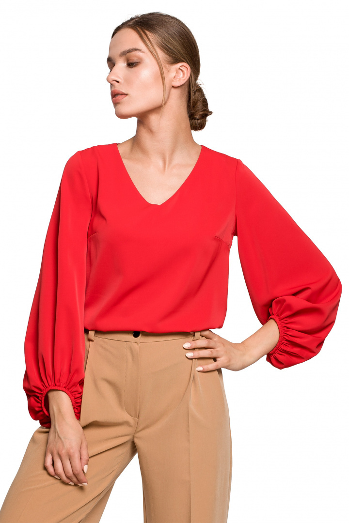 Elegancka bluzka damska gładka dekolt V szerokie rękawy czerwona S272 Elegancka bluzka damska gładka dekolt V szerokie rękawy czerwona S272