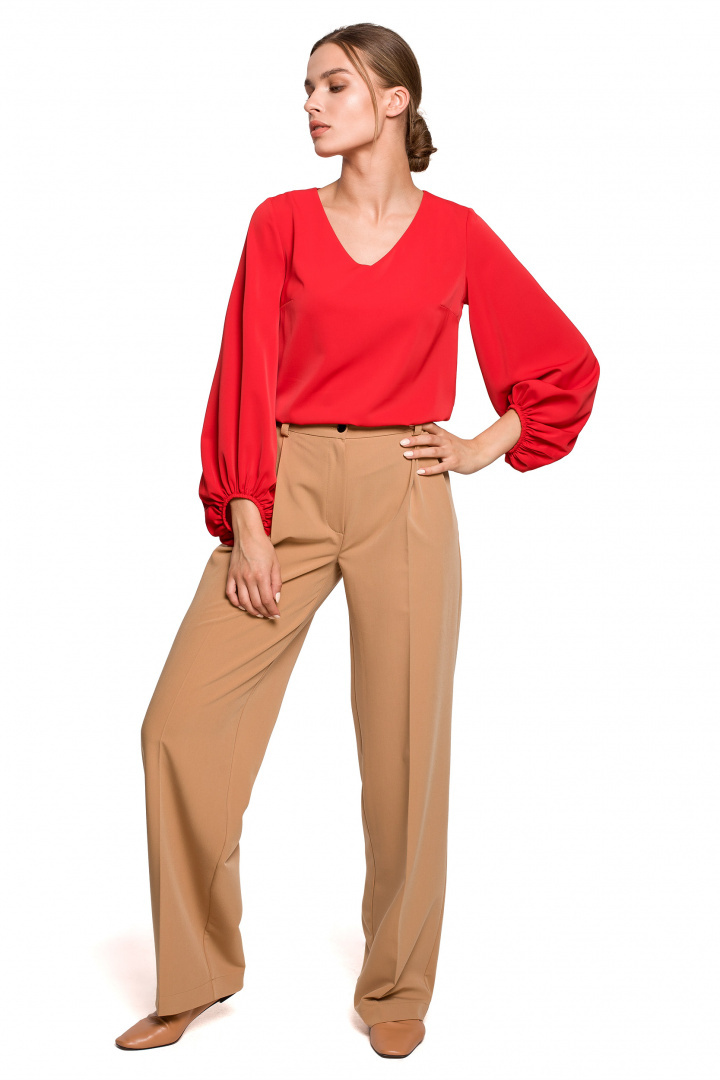 Elegancka bluzka damska gładka dekolt V szerokie rękawy czerwona S272 Elegancka bluzka damska gładka dekolt V szerokie rękawy czerwona S272
