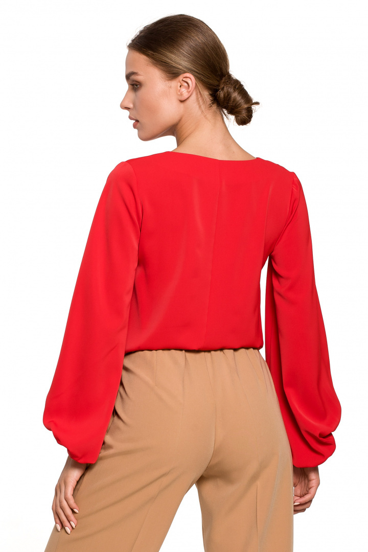 Elegancka bluzka damska gładka dekolt V szerokie rękawy czerwona S272 Elegancka bluzka damska gładka dekolt V szerokie rękawy czerwona S272