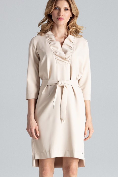 Elegancka sukienka midi wiązana w pasie z rękawem 3/4 beżowa M M644 Elegancka sukienka midi wiązana w pasie z rękawem 3/4 beżowa M M644