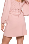 Elegancka sukienka mini z gumką i bufiastymi rękawami pudrowa K116