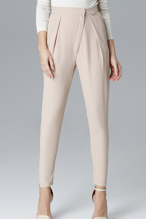 Eleganckie spodnie damskie z wysokim stanem luźne beżowe M L018 Eleganckie spodnie damskie z wysokim stanem luźne beżowe M L018