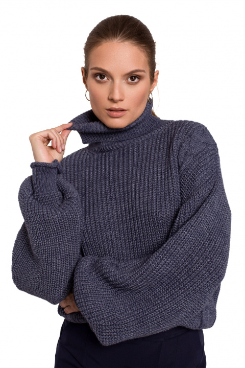 Krótki sweter damski gruby ciepły luźny golf niebieski K124 Krótki sweter damski gruby ciepły luźny golf niebieski K124