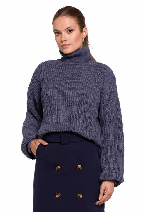 Krótki sweter damski gruby ciepły luźny golf niebieski K124 Krótki sweter damski gruby ciepły luźny golf niebieski K124