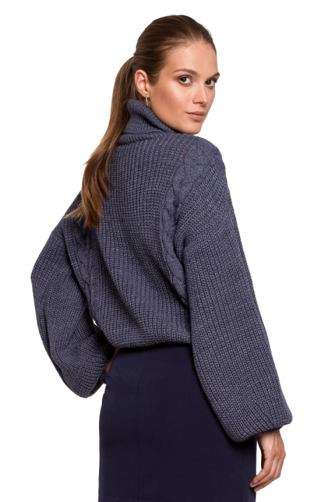 Krótki sweter damski gruby ciepły luźny golf niebieski K124 Krótki sweter damski gruby ciepły luźny golf niebieski K124