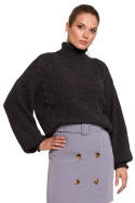 Krótki sweter damski gruby ciepły luźny golf grafitowy K124