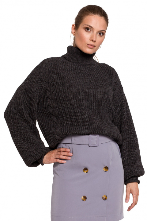 Krótki sweter damski gruby ciepły luźny golf grafitowy K124 Krótki sweter damski gruby ciepły luźny golf grafitowy K124
