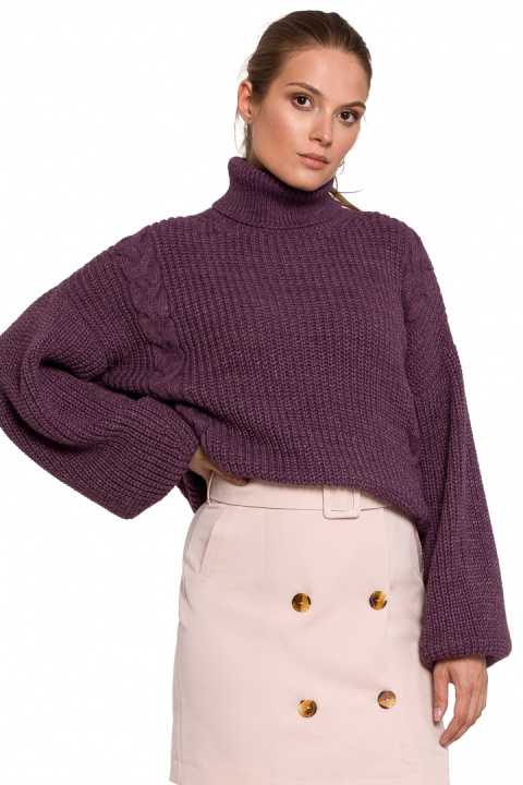 Krótki sweter damski gruby ciepły luźny golf fioletowy K124 Krótki sweter damski gruby ciepły luźny golf fioletowy K124