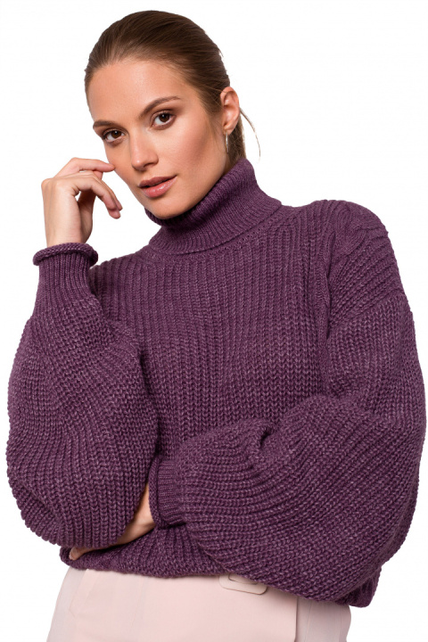 Krótki sweter damski gruby ciepły luźny golf fioletowy K124 Krótki sweter damski gruby ciepły luźny golf fioletowy K124