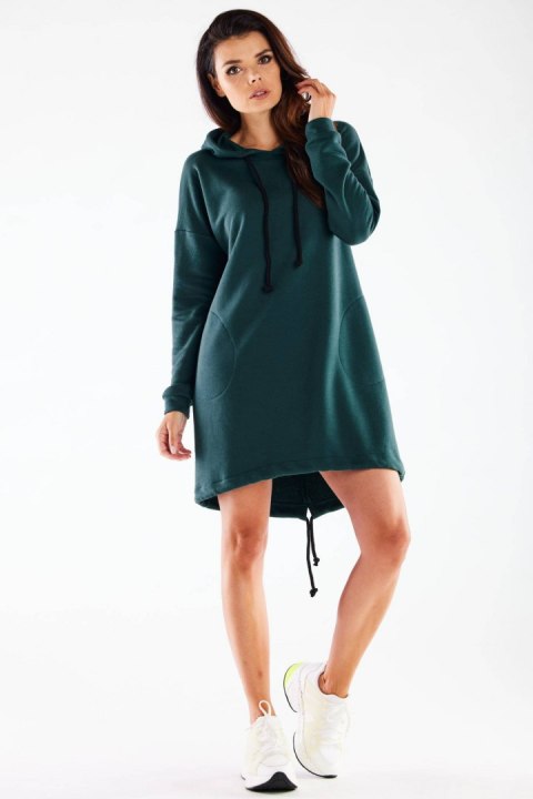 Sukienka mini oversize dresowa z kapturem długi rękaw zielona M270 Sukienka mini oversize dresowa z kapturem długi rękaw zielona M270