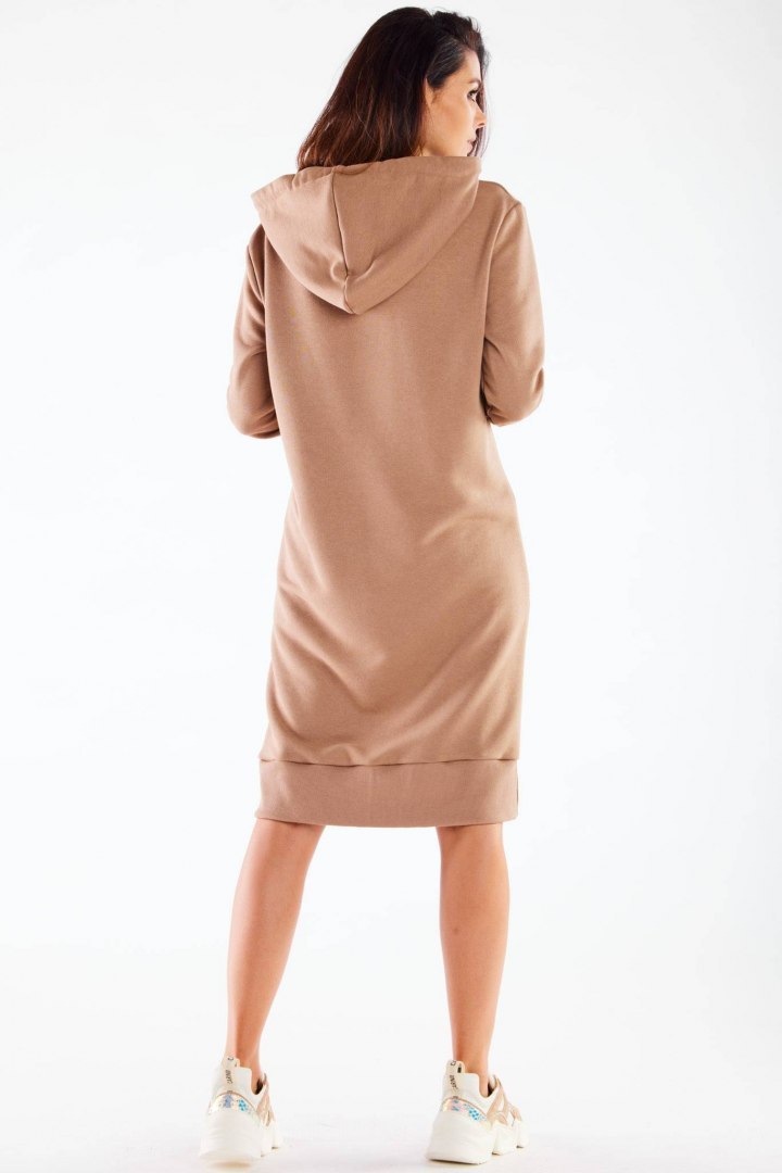 Sukienka midi dresowa z kapturem długi rękaw bawełniana beżowa M273