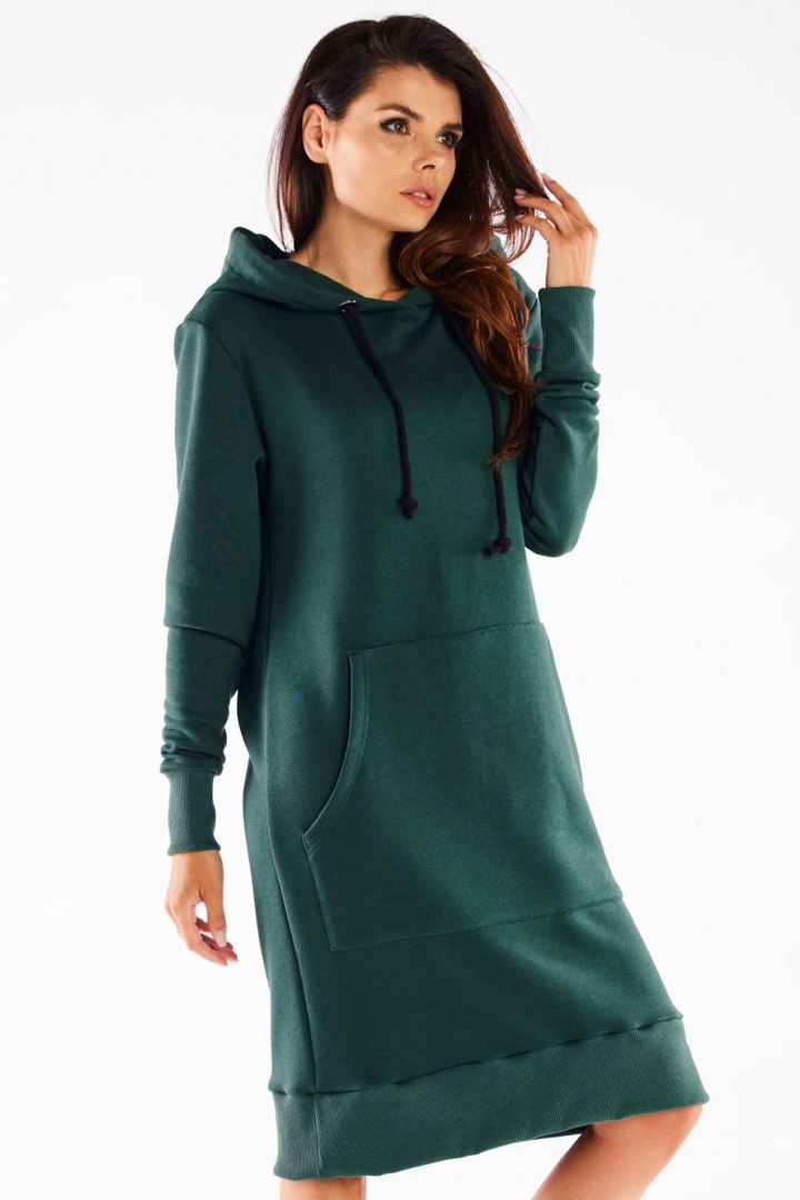 Sukienka midi dresowa z kapturem długi rękaw bawełniana zielona M273