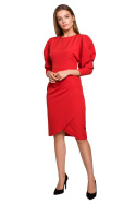 Sukienka midi ołówkowa z marszczeniem bufiaste rękawy czerwona S284