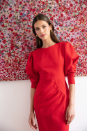 Sukienka midi ołówkowa z marszczeniem bufiaste rękawy czerwona S284