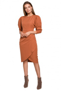 Sukienka midi ołówkowa z marszczeniem bufiaste rękawy ruda S284