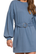 Sukienka mini swetrowa z paskiem długi rękaw bawełniana niebieska K109