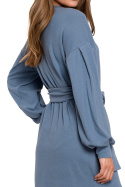 Sukienka mini swetrowa z paskiem długi rękaw bawełniana niebieska K109