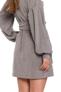 Sukienka mini swetrowa z paskiem długi rękaw bawełniana szara K109