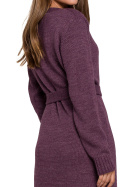 Sukienka swetrowa midi luźna z paskiem długi rękaw fioletowa K123