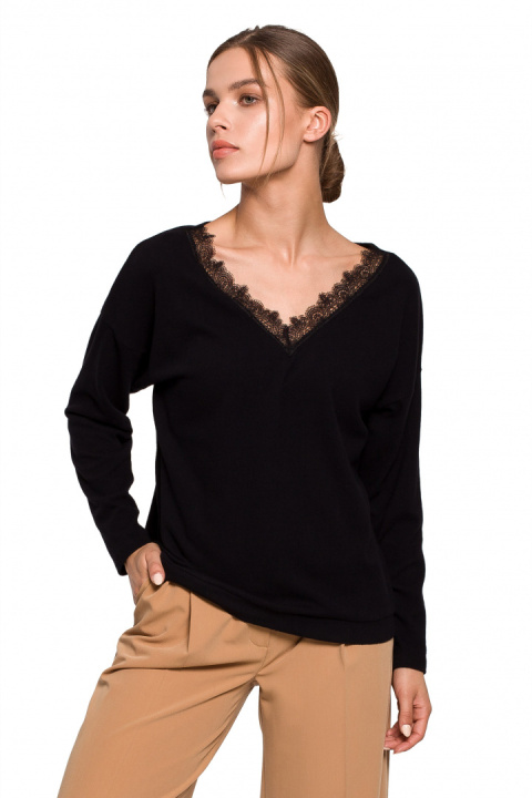 Sweter damski luźny z dekoltem V z koronką dzianinowy czarny S274 Sweter damski luźny z dekoltem V z koronką dzianinowy czarny S274