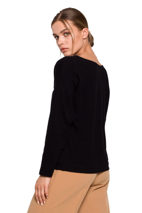 Sweter damski luźny z dekoltem V z koronką dzianinowy czarny S274 Sweter damski luźny z dekoltem V z koronką dzianinowy czarny S274