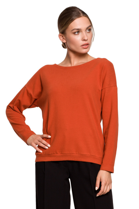 Sweter damski luźny z dekoltem V z koronką dzianinowy rudy S274 Sweter damski luźny z dekoltem V z koronką dzianinowy rudy S274