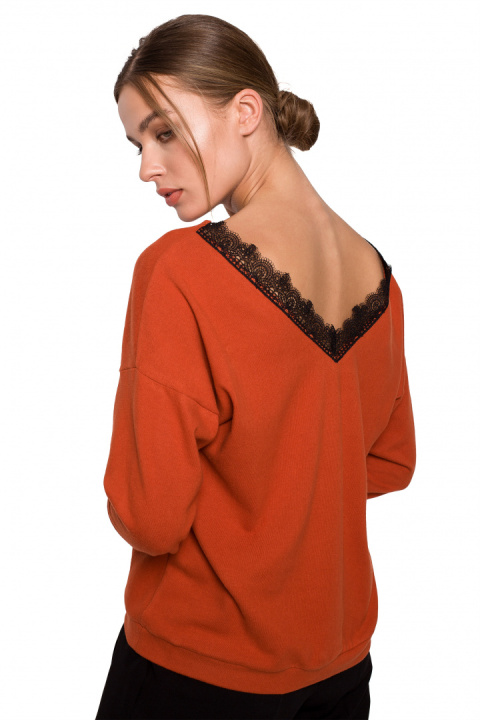 Sweter damski luźny z dekoltem V z koronką dzianinowy rudy S274 Sweter damski luźny z dekoltem V z koronką dzianinowy rudy S274