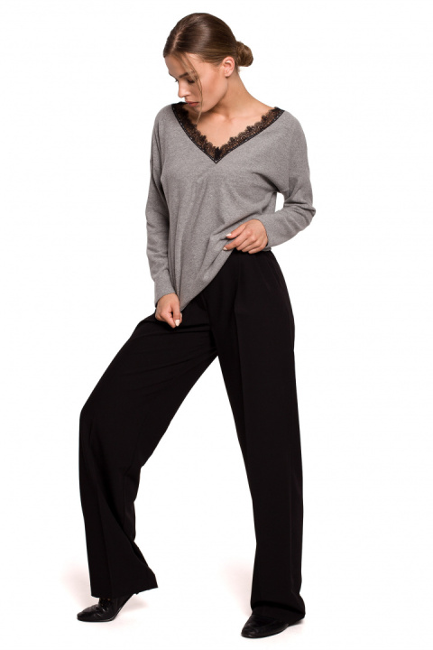 Sweter damski luźny z dekoltem V z koronką dzianinowy szary S274 Sweter damski luźny z dekoltem V z koronką dzianinowy szary S274