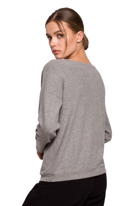 Sweter damski luźny z dekoltem V z koronką dzianinowy szary S274 Sweter damski luźny z dekoltem V z koronką dzianinowy szary S274