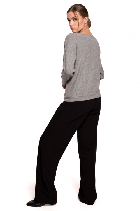 Sweter damski luźny z dekoltem V z koronką dzianinowy szary S274 Sweter damski luźny z dekoltem V z koronką dzianinowy szary S274