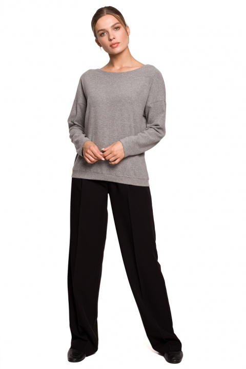 Sweter damski luźny z dekoltem V z koronką dzianinowy szary S274 Sweter damski luźny z dekoltem V z koronką dzianinowy szary S274