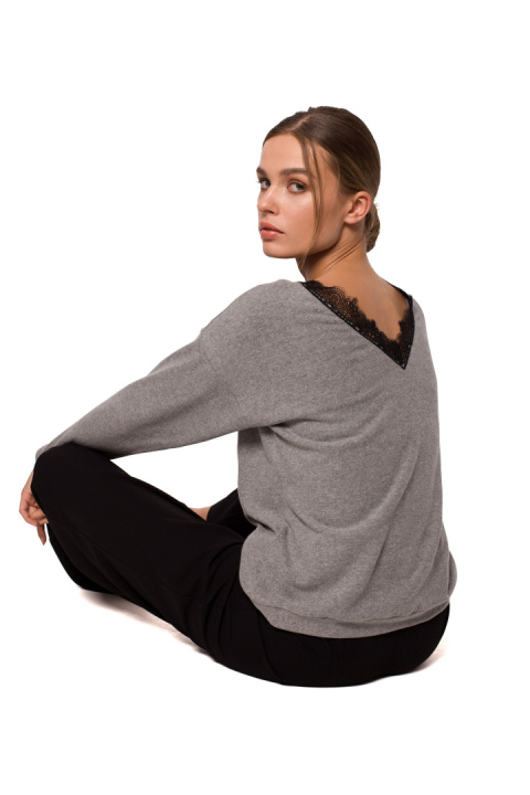 Sweter damski luźny z dekoltem V z koronką dzianinowy szary S274 Sweter damski luźny z dekoltem V z koronką dzianinowy szary S274