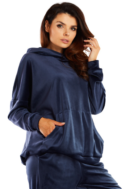 Bluza damska welurowa luźna oversize z kapturem granatowa A458 Bluza damska welurowa luźna oversize z kapturem granatowa A458