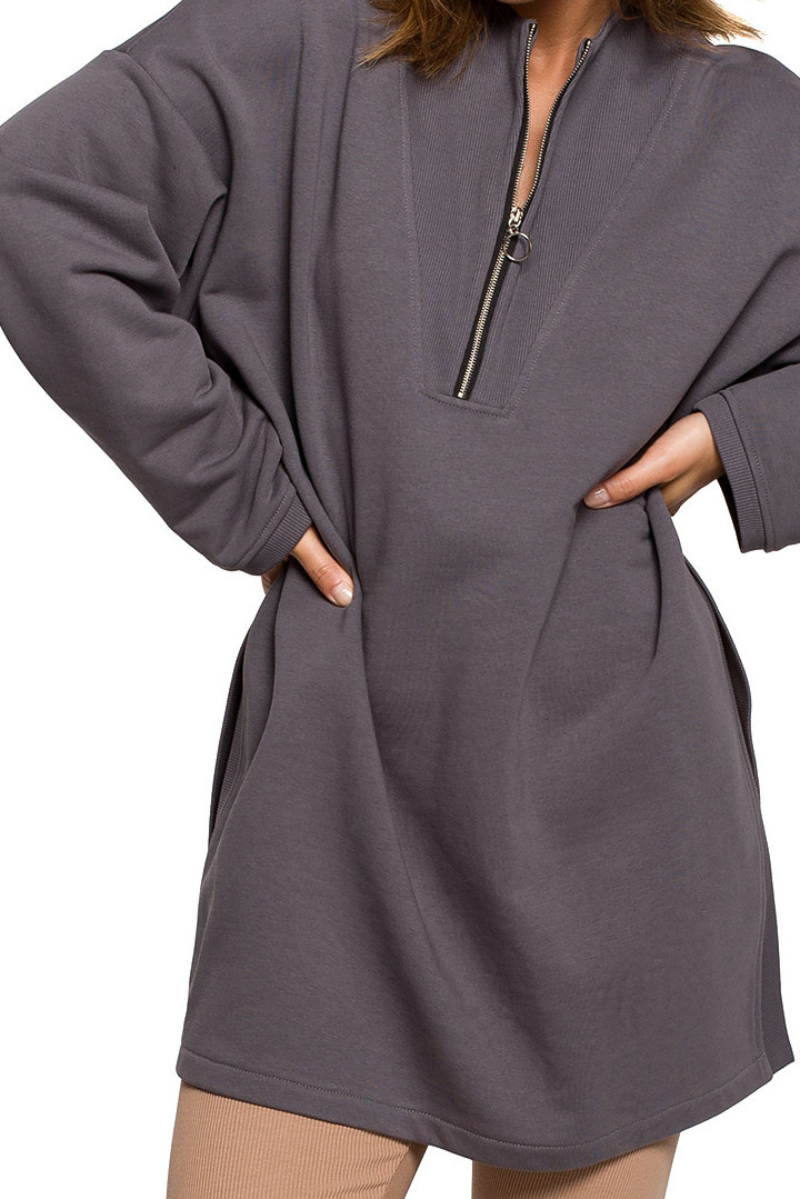 Bluza damska długa dresowa rozpinana z rozcięciem antracytowa B201 Bluza damska długa dresowa rozpinana z rozcięciem antracytowa B201