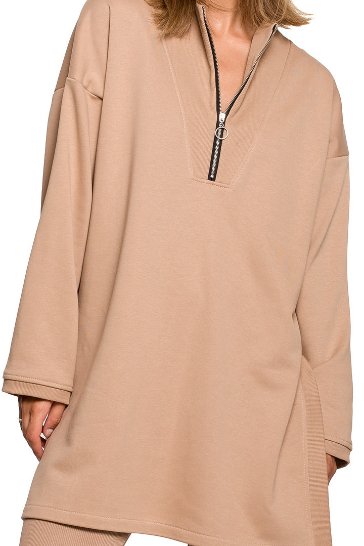 Bluza damska długa dresowa rozpinana z rozcięciem orzechowa B201 Bluza damska długa dresowa rozpinana z rozcięciem orzechowa B201