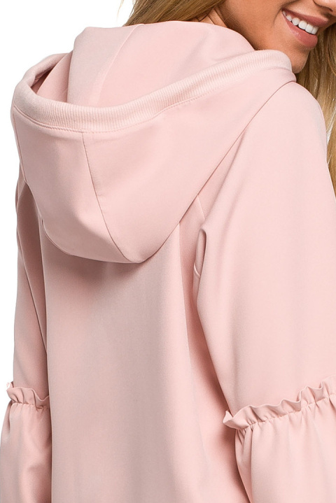 Bluza damska kangurka z kapturem falbanki na rękawach pudrowa me609 Bluza damska kangurka z kapturem falbanki na rękawach pudrowa me609