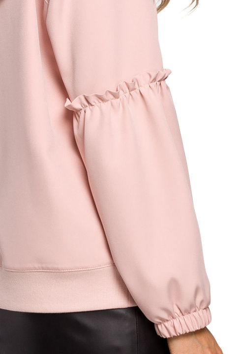Bluza damska kangurka z kapturem falbanki na rękawach pudrowa me609 Bluza damska kangurka z kapturem falbanki na rękawach pudrowa me609