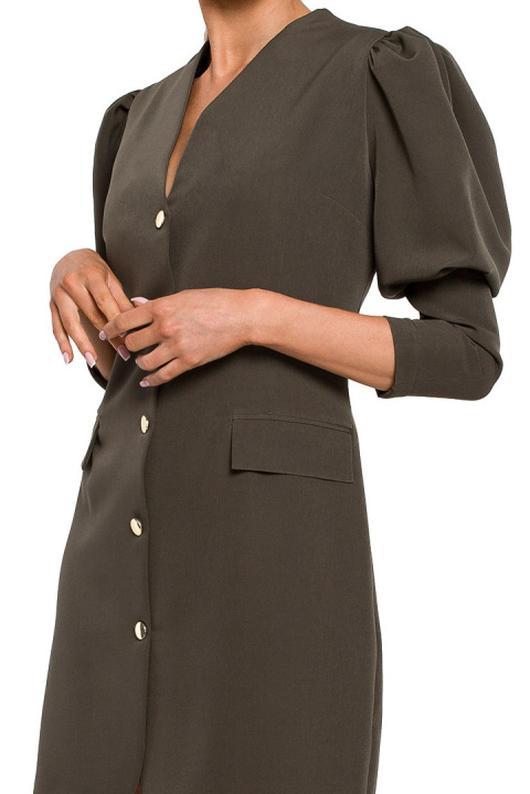 Elegancka sukienka żakietowa mini zapinana długi rękaw khaki me604 Elegancka sukienka żakietowa mini zapinana długi rękaw khaki me604