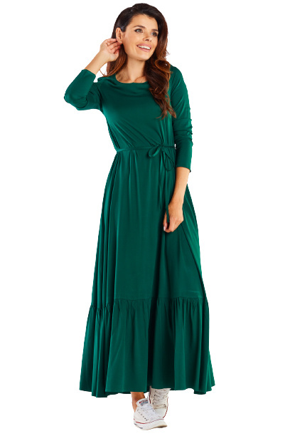 Sukienka maxi z wiskozy rozkloszowana z falbaną długi rękaw zielona A455