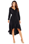 Sukienka midi z wiskozy z falbankami wiązana dekolt V czarna A456
