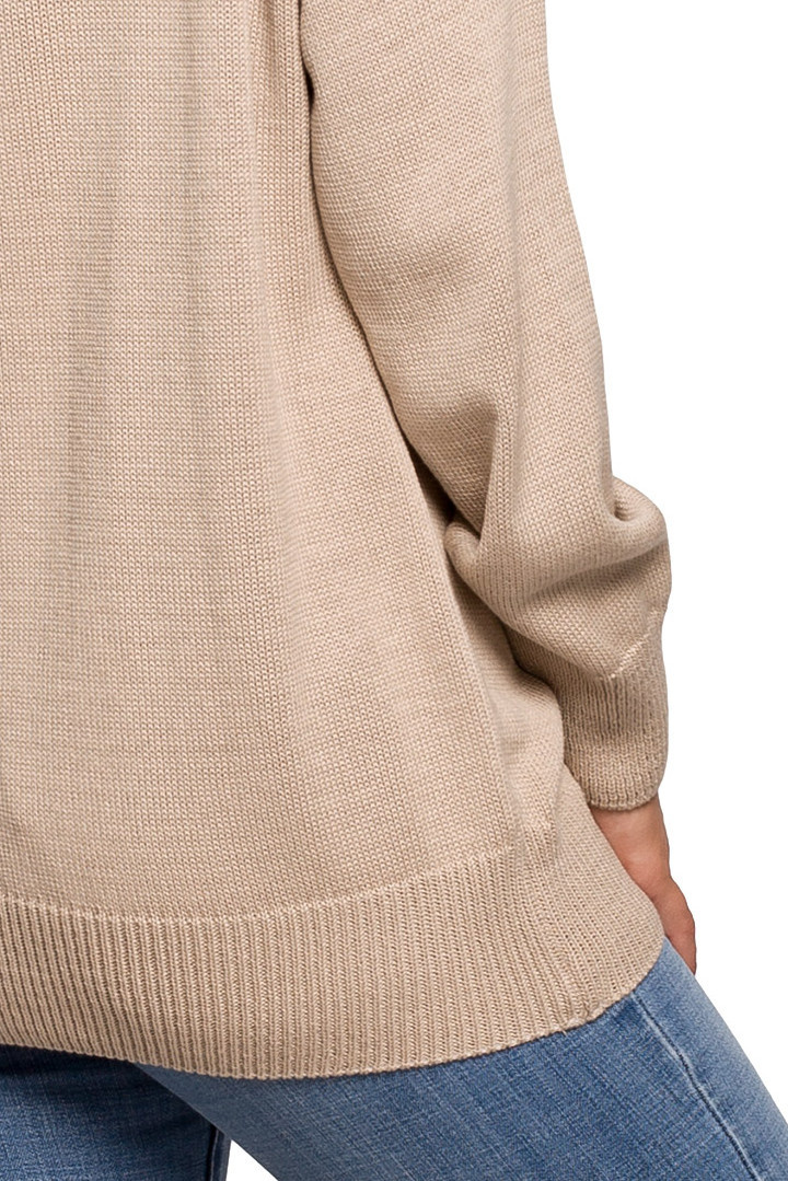 Sweter damski z kapturem do bioder fason bluzy ściągacz beżowy BK073 Sweter damski z kapturem do bioder fason bluzy ściągacz beżowy BK073