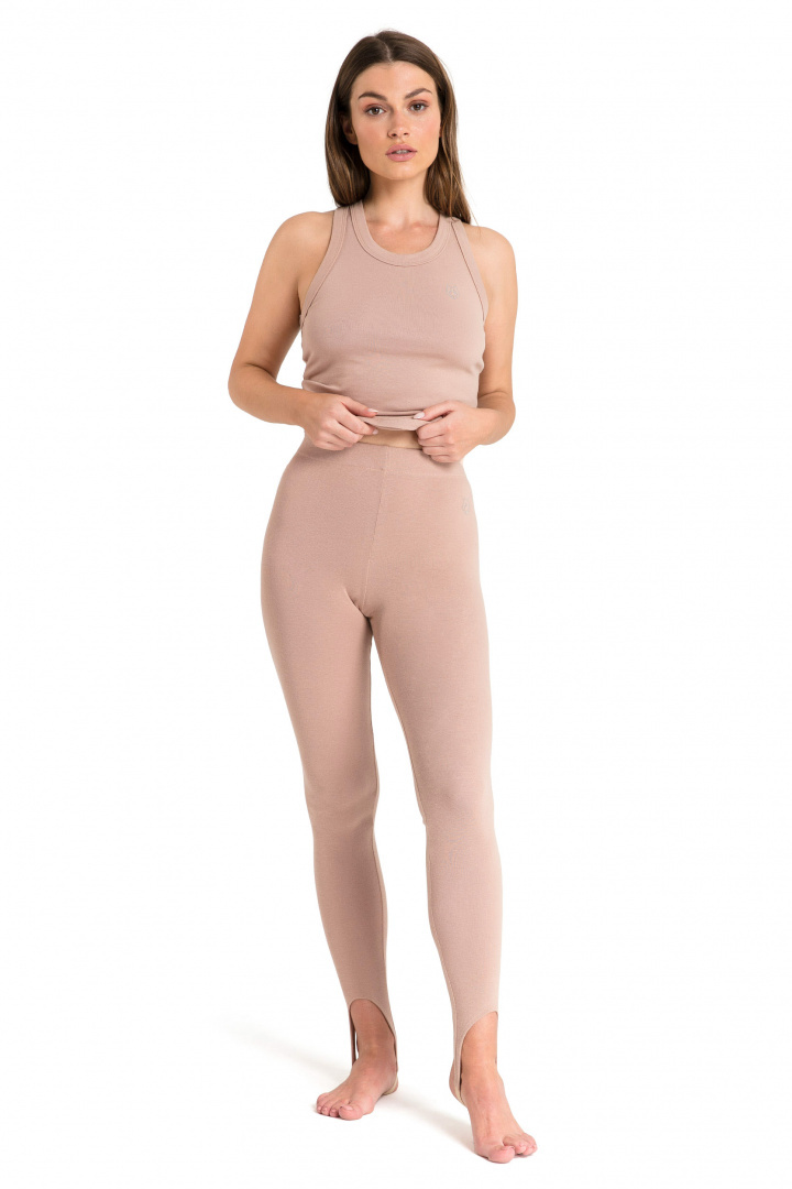 Spodnie damskie legginsy z zapiętkiem dzianinowe z gumką mokka LA088 Spodnie damskie legginsy z zapiętkiem dzianinowe z gumką mokka LA088